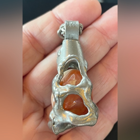 Danish Design SMYK brutalist necklace carnelian agate silver metal 25” chain - Picture 2 of 16